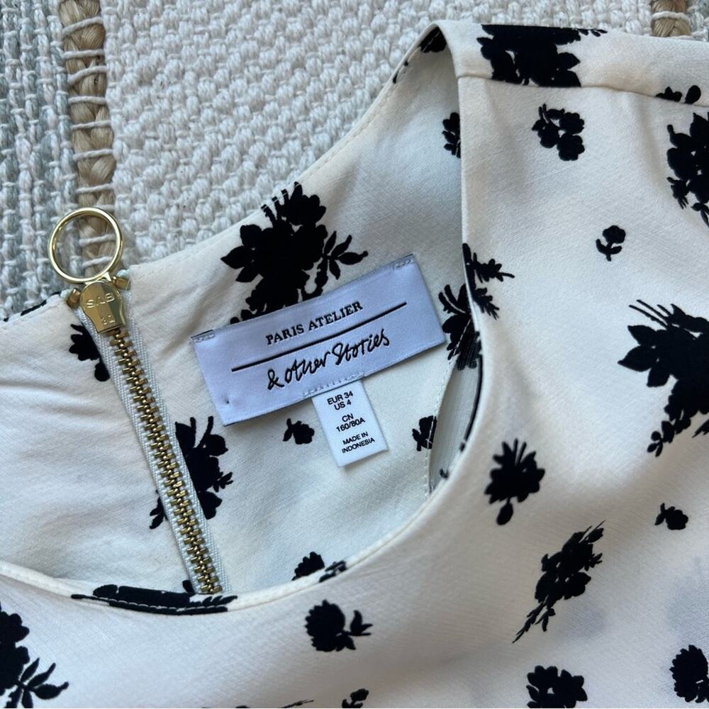 & Other Stories White Black Floral Short Sleeve Mini Dress Women’s Size 4 - Picture 8 of 9